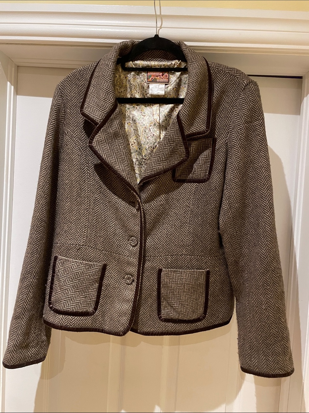 April Cornell Herringbone Brown Velvet Piped Blazer Jacket Dark Academia M